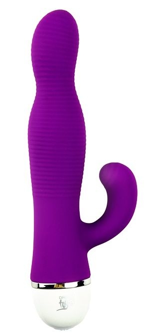 Фиолетовый вибромассажер со стимулятором клитора RIBBED DUO VIBE - 16 см.