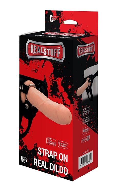 Черные трусики с телесной насадкой STRAP ON REAL DILDO - 21 см.