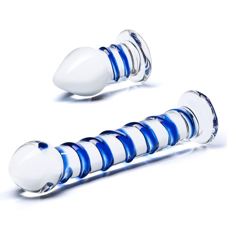 Набор из 2 стеклянных игрушек с синей спиралью Swirly Dildo   Buttplug Set