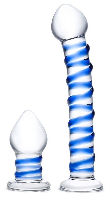 Набор из 2 стеклянных игрушек с синей спиралью Swirly Dildo   Buttplug Set