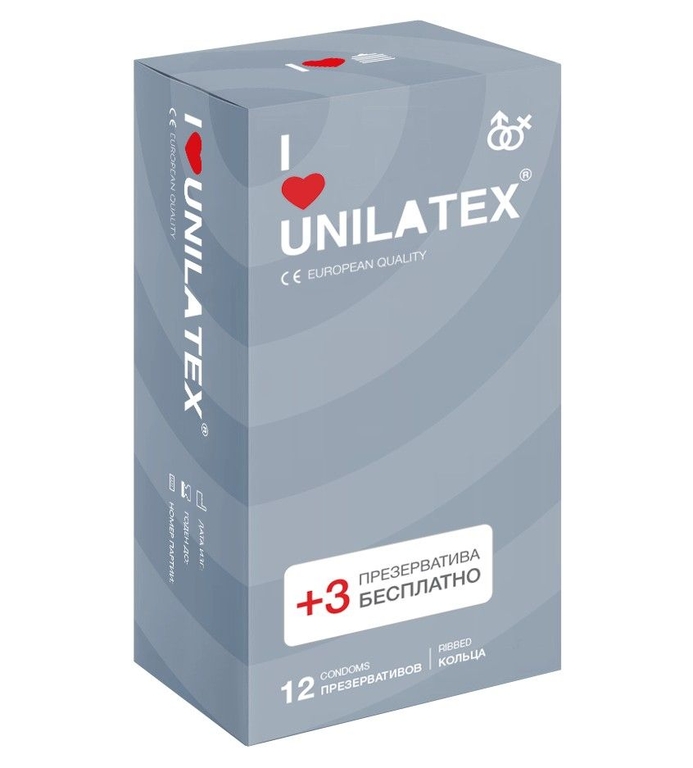 Презервативы с рёбрами Unilatex Ribbed - 12 шт. + 3 шт. в подарок