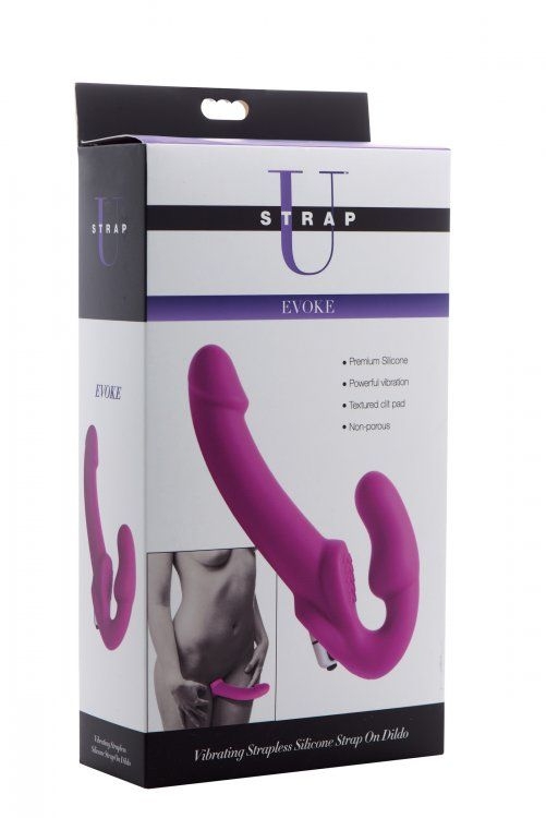 Ярко-розовый безремневой вибрострапон Evoke Vibrating Strapless Silicone Strap-on Dildo