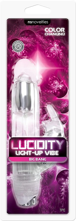 Прозрачный вибратор с клиторальным зайкой Lucidity Big Bang Light Up Vibe - 16 см.